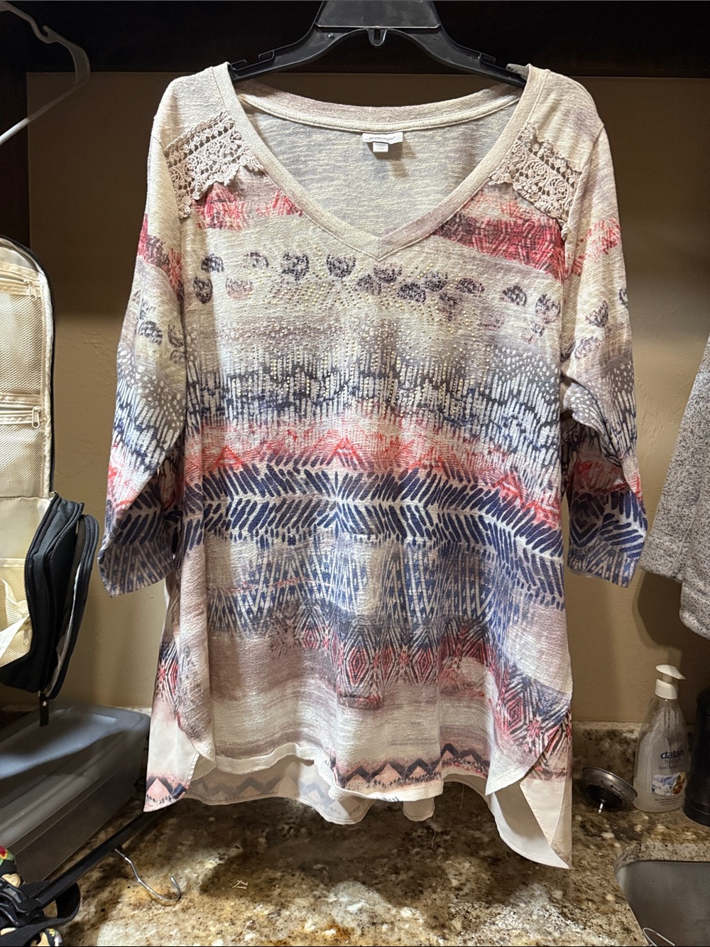 Avenue V‑Neck Crochet Shoulder Printed Tunic in Beige, Blue & Pink